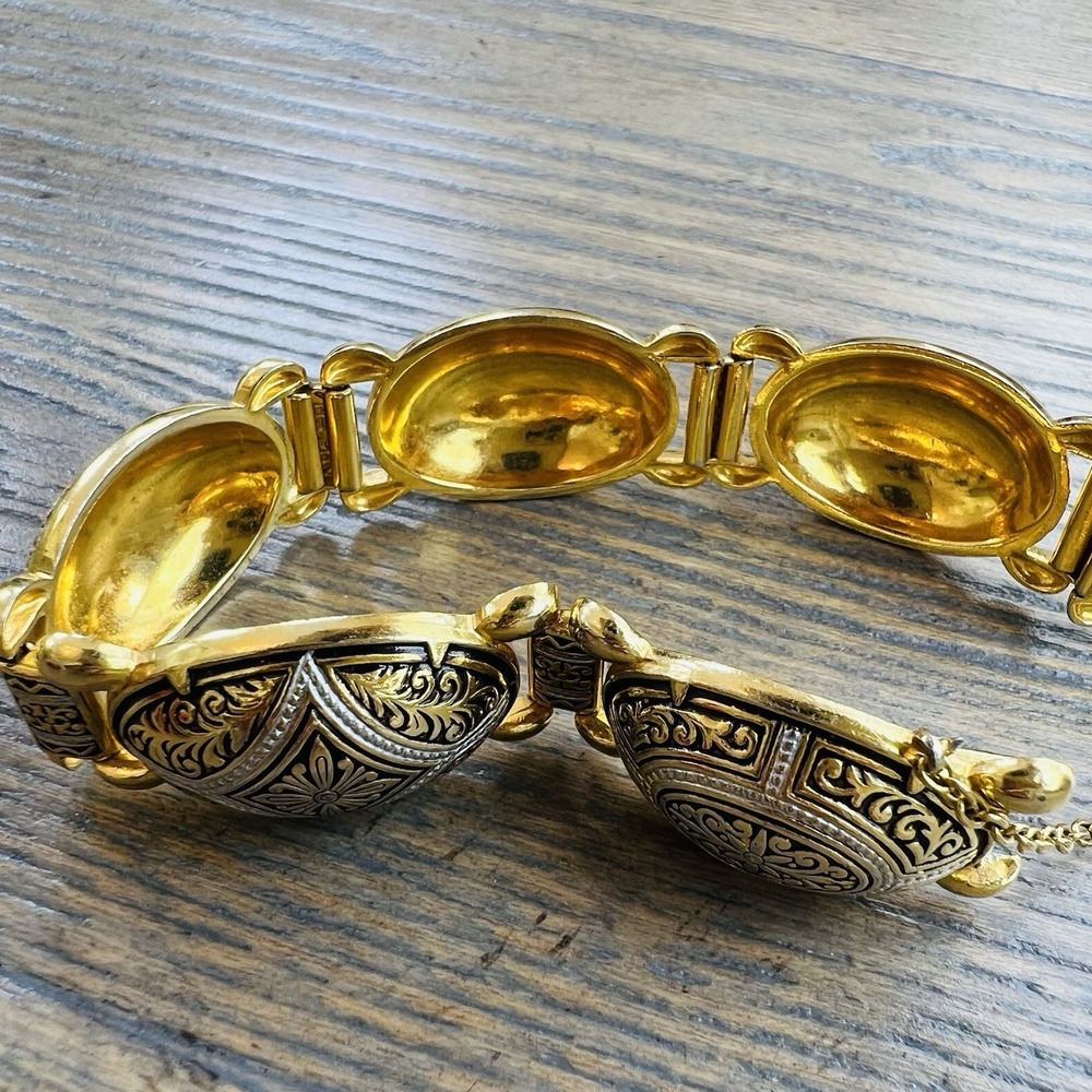 Vintage Spanish Damascene Bracelet w/ Gold Tone Inlay On Black Enamel MCM - Picture 5 of 8